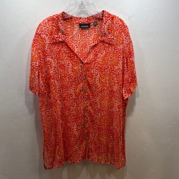Avenue Tops - Avenue Feminine Sheer Floral Embellished Button-Down Short-Sleeve Blouse 18/ 20